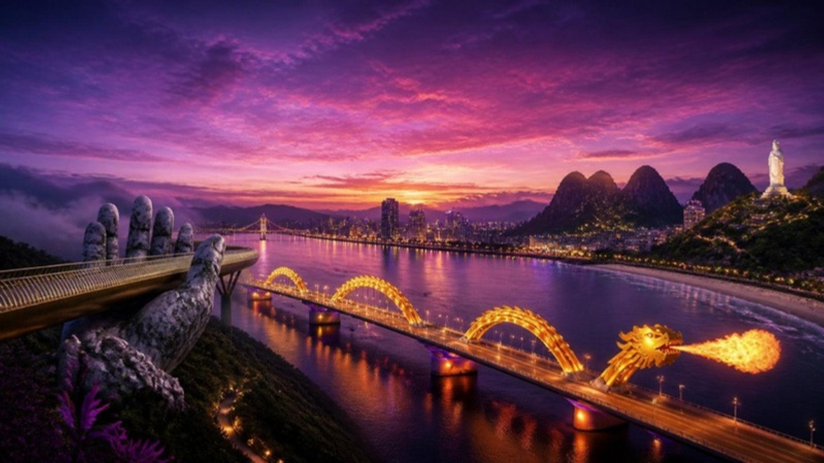 Ảnh minh họa Đà Nẵng: Cầu Vàng bàn tay đá, Cầu Rồng phun lửa trên sông Hàn, Ngũ Hành Sơn và tượng Phật Bà Sơn Trà lúc hoàng hôn