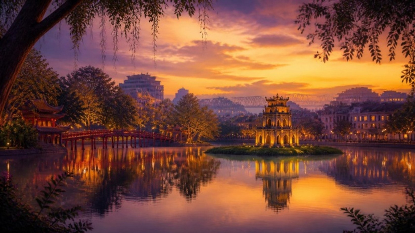 Ảnh minh họa Hà Nội: Hồ Gươm, Tháp Rùa và cầu Thê Húc lúc hoàng hôn